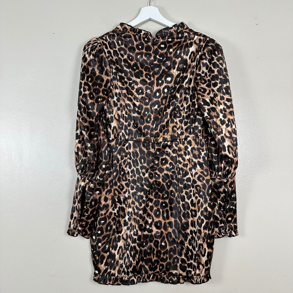 L'Atiste Women's M Mini Dress Brown Leopard Print Ruffled Satin NEW - Picture 2 of 9